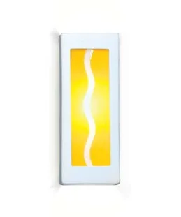 Front view of a tall rectangular white wall sconce; the recessed panel glows yellow with a single vertical white wavy line running its full height.